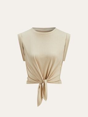 Commense Beige Tie-Front Short Sleeve Tee